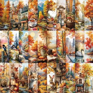 Collage of 30 artistic autumn oil painting bookmarks featuring cozy fall landscape designs