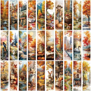 Set of 30 aesthetic autumn oil painting bookmarks for reading, journaling and DIY crafts