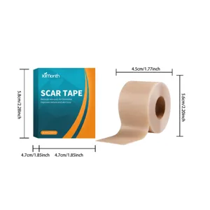 Rollo de cinta adhesiva para cicatrices Ximonth con caja y vista detallada de medidas.