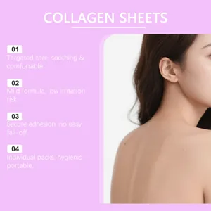 Hojas de colágeno detalle de cuidado corporal con fórmula calmante y empaque individual higiénico.