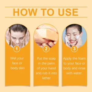 Image de guide d'utilisation de savon curcuma citron pour soin du visage et corps.