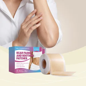 Detalle de parches para cicatrices Laniska con rollo de cinta de silicona y caja de producto.