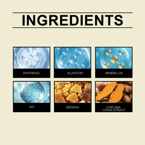 Desglose detallado de ingredientes activos como pantenol, cera de abejas y extractos.