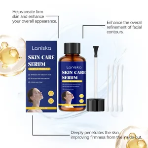 Detail shot of Laniska skin care serum with applicator brush and cotton swabs for facial care.