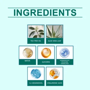 Vista detallada de ingredientes de cuidado de la piel con aceite de árbol de té y ácido hialurónico.