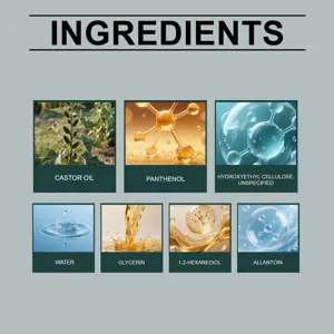 Vista detallada de los valiosos ingredientes cosméticos activos y fórmulas moleculares.
