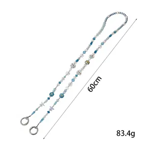 Cordoncino per cellulare con perline, ciondoli a libellula e fiori blu, lungo 60 cm