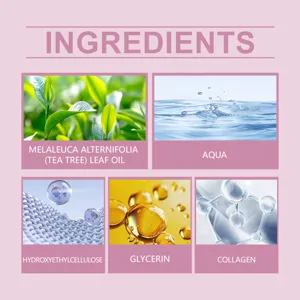 Detailed view of facial patch active ingredients including tea tree oil, water and collagen.