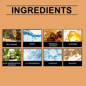 Graphique des ingrédients de l'essence au venin d'abeille avec aqua, glycérine et aloès.