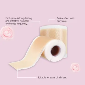 Silicone scar gel sheet roll detail showing transparent design and daily care features.