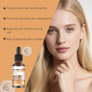 Sérum de soin visage au venin d'abeille, vue détaillée avec flacon pipette et texture lisse.
