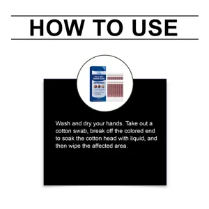 Detail view of skin care cotton swabs instruction, 30 pieces pack with liquid for gentle care.