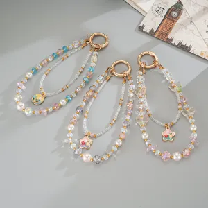 Double Layer Colorful Crystal Artificial Pearl Phone Charm Gold Star Flower Pendant Lanyard Keychain Bag Ornament For Women