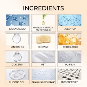 Desglose de ingredientes del parche para el cuidado de la piel con ácido salicílico y microagujas.