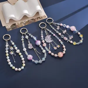 Handmade Luminous Beaded Phone Strap Niche Denim Guitar Tassel Phone Charm Auspicious Cloud Bead Bag Pendant Women Accessories