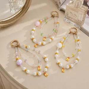 Ins Style Double Chain Crown Colorful Beaded Phone Strap Handmade Artificial Pearl Crystal Bead Phone Lanyard Wristlet For Women Gift