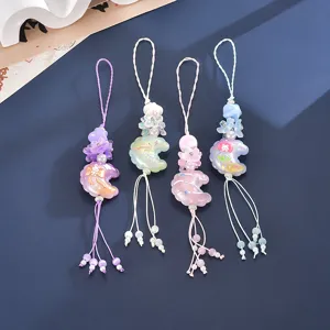 Summer Candy Color Embossed Moon Phone Chain Flower Beaded Camera Strap Bag Charm Fresh Resin Tassel Hanging Accessory For Women