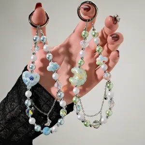 Ins Style Hand Beaded Mobile Phone Wrist Strap Anti-lost Phone Chain Cloud Moon Heart Pendant Acrylic Pearl Bag Charm For Women