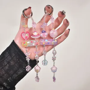 Candy Color Beaded Bag Charm Phone Lanyard Keychain Star Flower Pattern Acrylic Beads Hanging Ornament For Women Girls