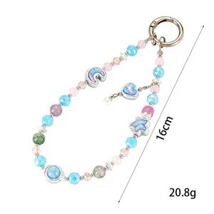 Handgemaakte kralen telefoon polsband met hart, maan en ster bedeltjes, 16cm en 20,8g