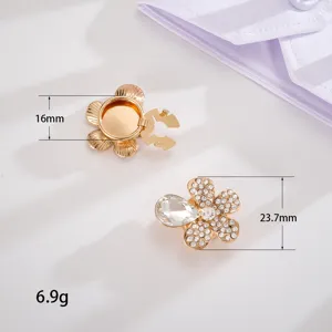 Macro detail of rhinestone flower collar pins showing 16mm and 23.7mm size info.