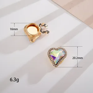 Detailed view of luxury heart-shaped iridescent gem collar button with dimension marks