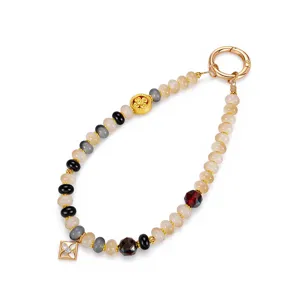 Handmade beaded phone charm with square alloy pendant and elegant mixed stone-like beads.