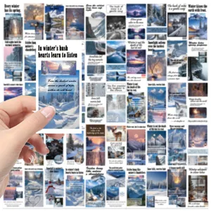 Vista detallada de pegatinas de paisajes invernales de calidad con citas en inglés