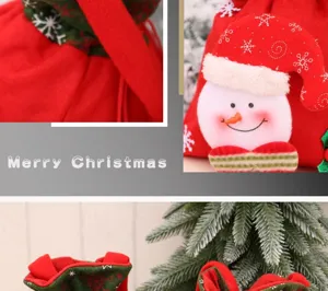 Christmas gift bag detail showcasing soft red fabric, cute snowman applique and lining.