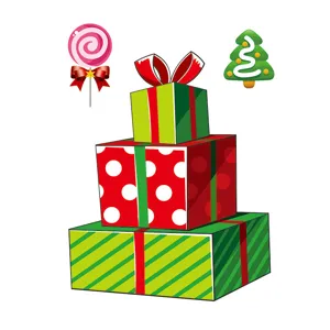 Detalle de pegatina estática navideña que muestra cajas de regalo y elementos festivos.
