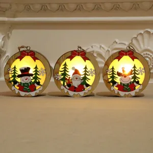 Wooden Christmas hanging ornaments set with warm LED lights, festive tree hanging gifts.