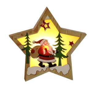 Wooden Christmas star pendant with warm LED light, Santa Claus and tree design for holiday decor.