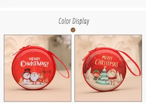Detailaufnahme der roten runden Weihnachtsmünzbörse mit niedlichen Motiven für Geschenke.