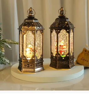 Christmas vintage water snow globe lantern with lighting and glitter effect for holiday decor.