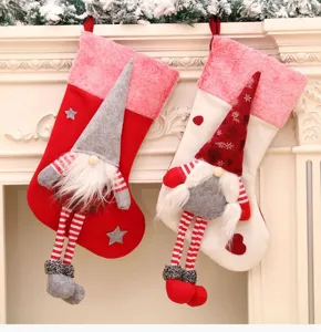 Christmas plush faceless gnome hanging stocking with long legs for holiday home decoration