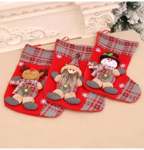 Grand Sac Cadeau de Bas de Noël 3D Rouge Vichy Père Noël Bonhomme de Neige Déco Fête