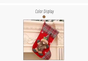 Grande Chaussette de Noël Décoration avec Poupée Père Noël Carreaux Sac Cadeau Suspendu