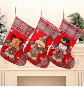 Grand Chausson de Noel 3D Sac Cadeau Carreaux Renne Pere Noel Decoration Cheminee