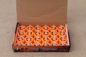 Halloween LED pumpkin tea light candles set detailed view in paper box packaging.