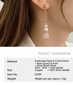 Eleganti orecchini lunghi con perle d'acqua dolce naturali e cristallo rosa da donna