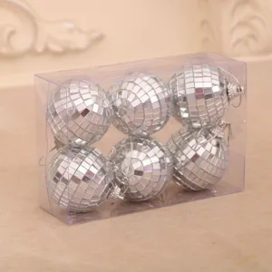 Ensemble de boules disco argentées en boîte transparente, 6 pcs ornements suspendus de sapin.