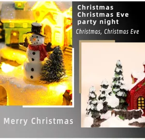 Detailed view of Christmas resin ornament with cute snowman and snowy village landscape.