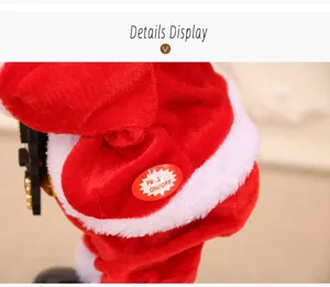 Electric Santa Claus plush toy detail shot, red Christmas doll with music and switch.