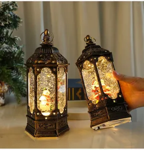 Christmas water snow globe lantern with warm LED light, vintage music oil lamp for holiday decor.