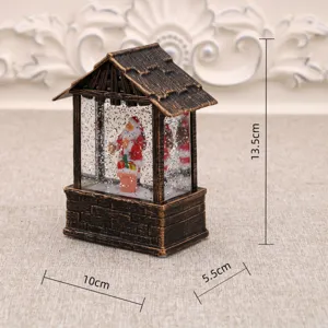 Christmas snow globe lantern detail view, vintage cabin design with Santa and LED light.