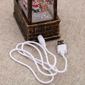 Christmas snow globe lantern decorative light featuring USB power cable in detail shot.