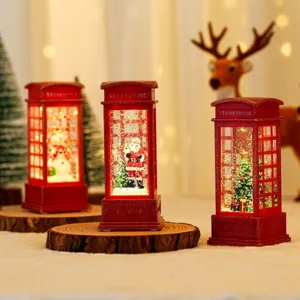 Christmas telephone booth night light with glowing snow globe design, festive decor details.