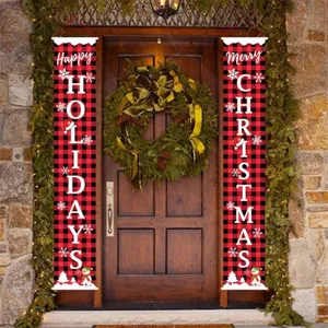 Christmas Porch Sign Buffalo Plaid Hanging Banners Merry Christmas Holiday Door Decoration Outdoor Party Supplies