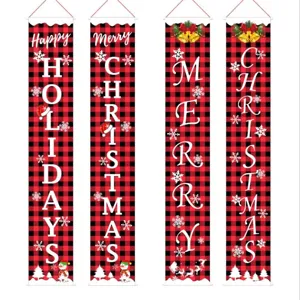 Christmas hanging banners red black buffalo plaid holiday door decorations set of 4
