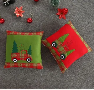 Christmas truck throw pillow covers set, soft flannel embroidered holiday cushion.